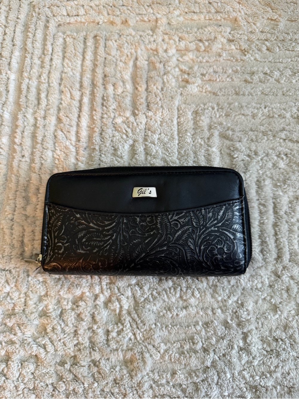 Gil’s Black Floral Embossed Zip Around Wallet Western Tooled Style